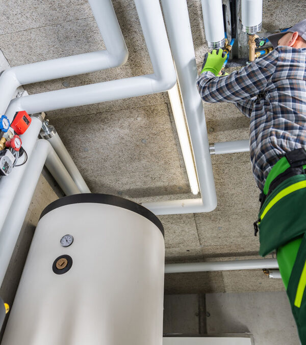Residential and Commercial Modern Natural Gas Heating Systems Installation Performed by Professional Caucasian HVAC Technician in His 40s.